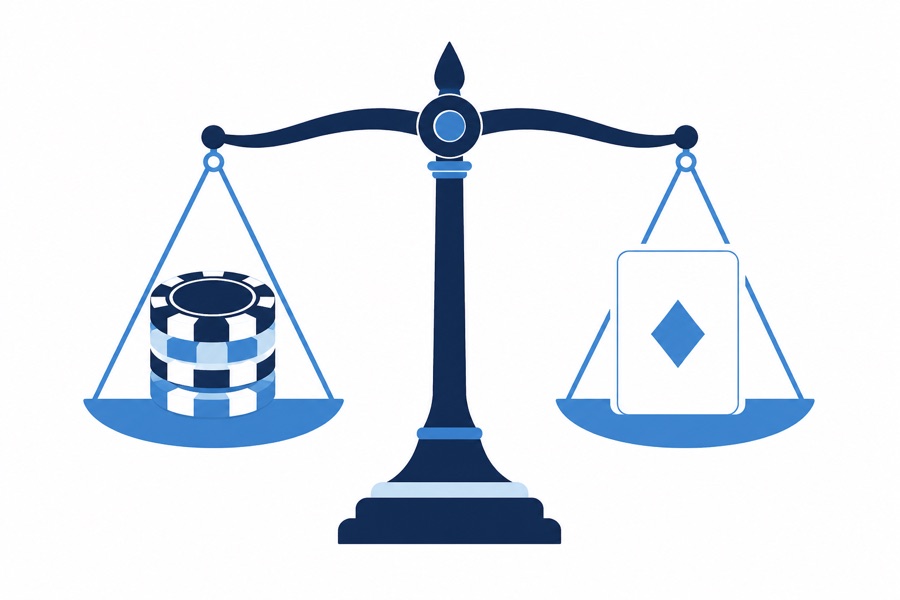 Ilustración de una balanza que compara fichas de casino con un naipe