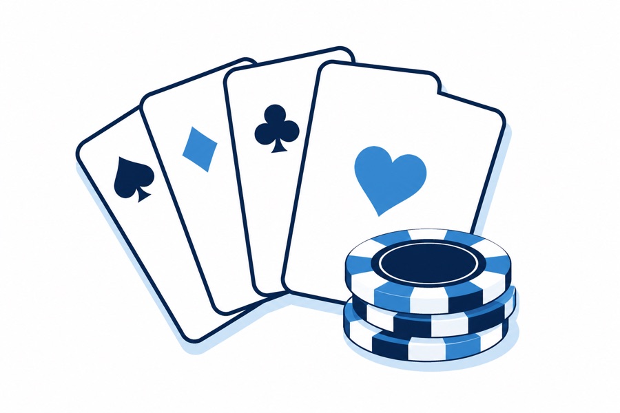 Ilustración de naipes y fichas de casino en tonos azul y azul marino