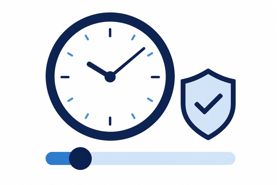 Ilustración de un reloj, un escudo con tilde y un control de límite en posición baja